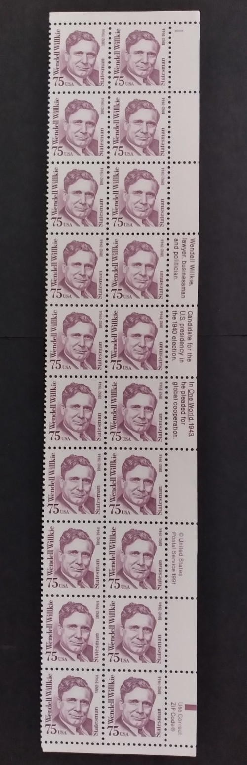 Scott 2192, Wendell Willkie, 75c, Block of 20