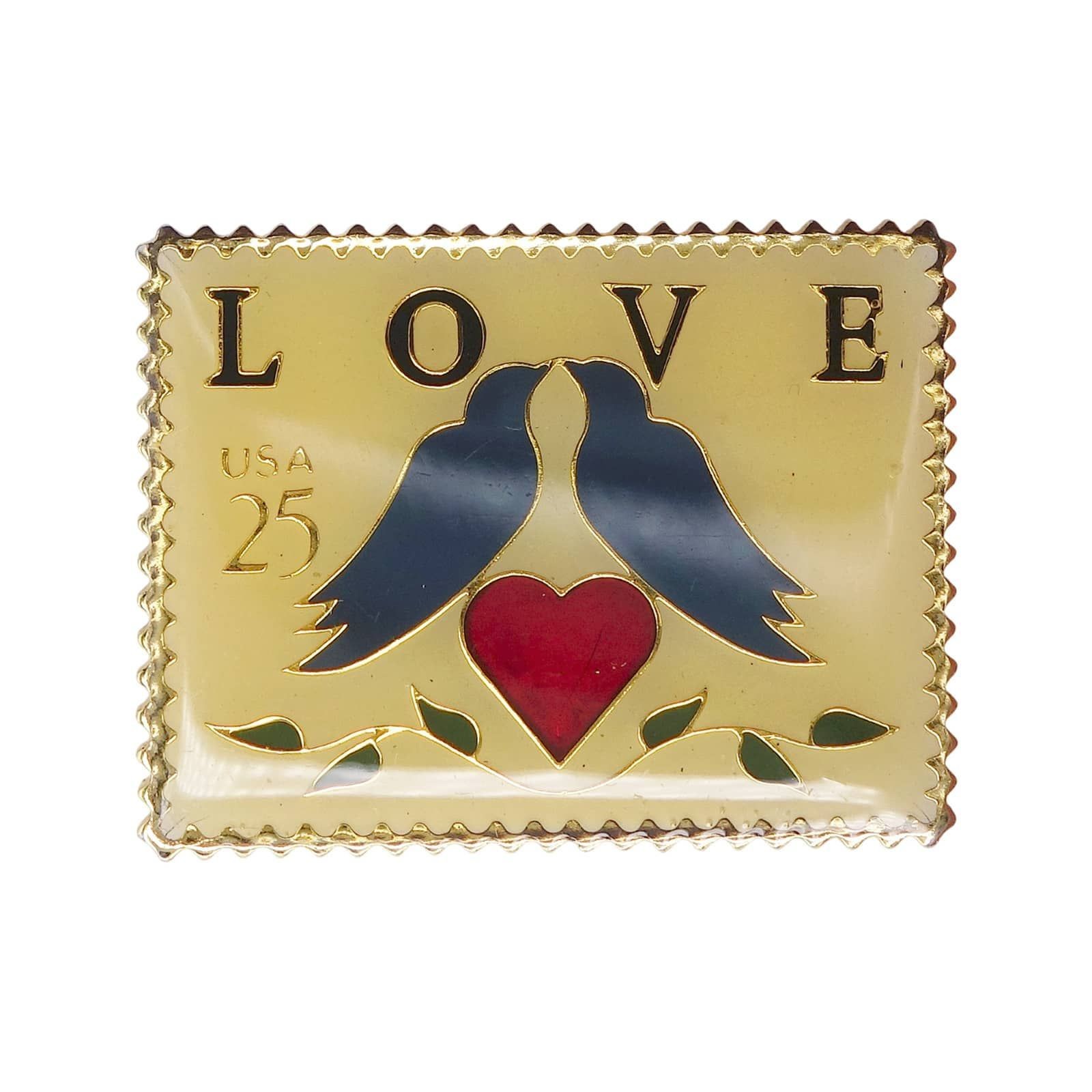LOVE Two Birds and Heart USA 25c Stamp Type Retro Pins Collectors Pin Badges