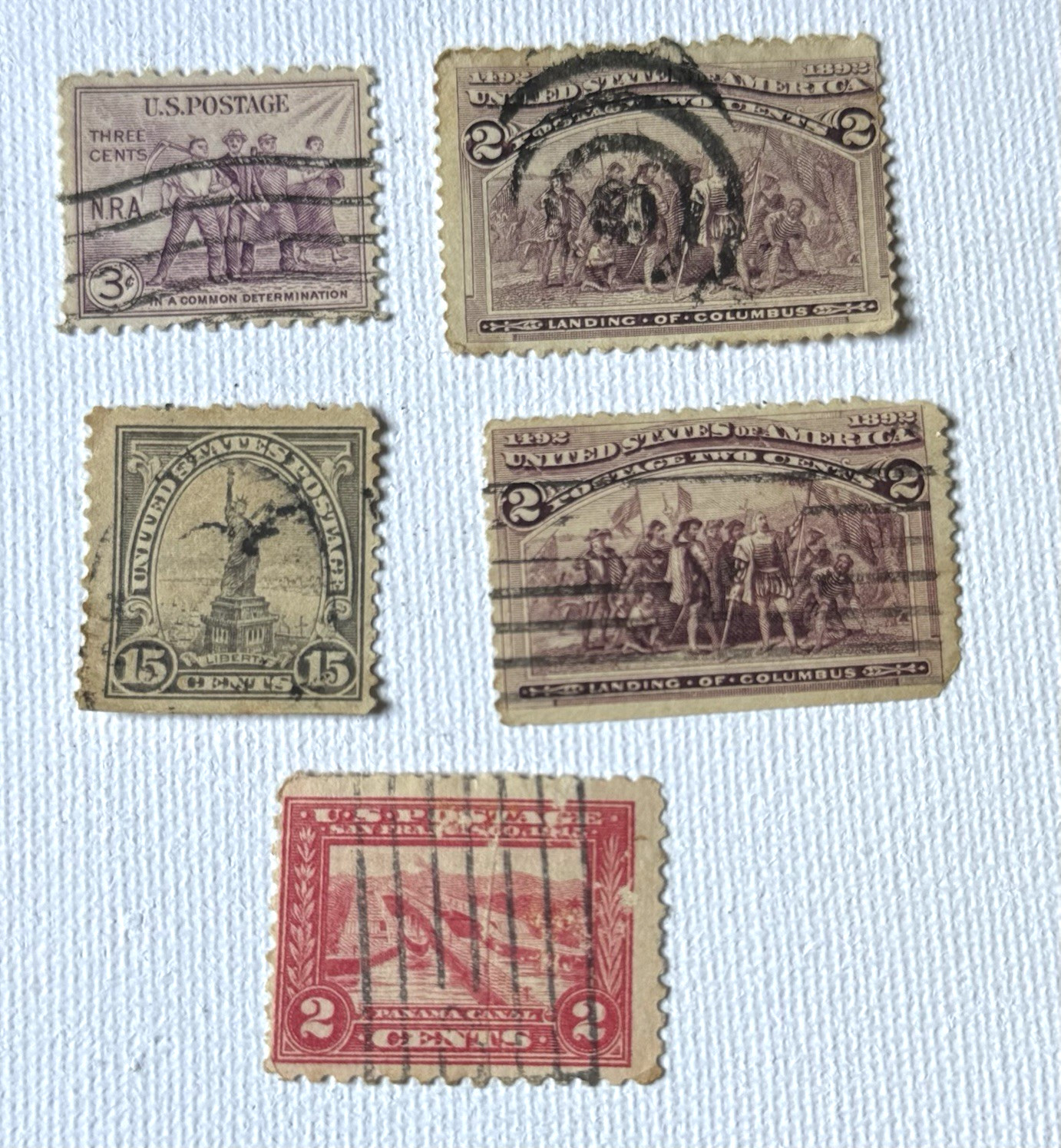 LOT of 5 US POSTAGE STAMPS – Liberty-15c, Columbus-2c, NRA-3c-Panama Canal-2c