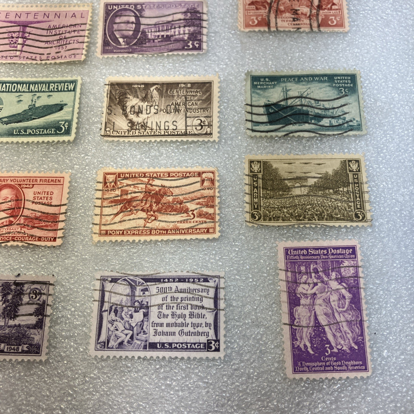 15 USED/Cancelled Commemorative 3c 1941-1955 US Stamps. Varied Lot. $1 Ships.