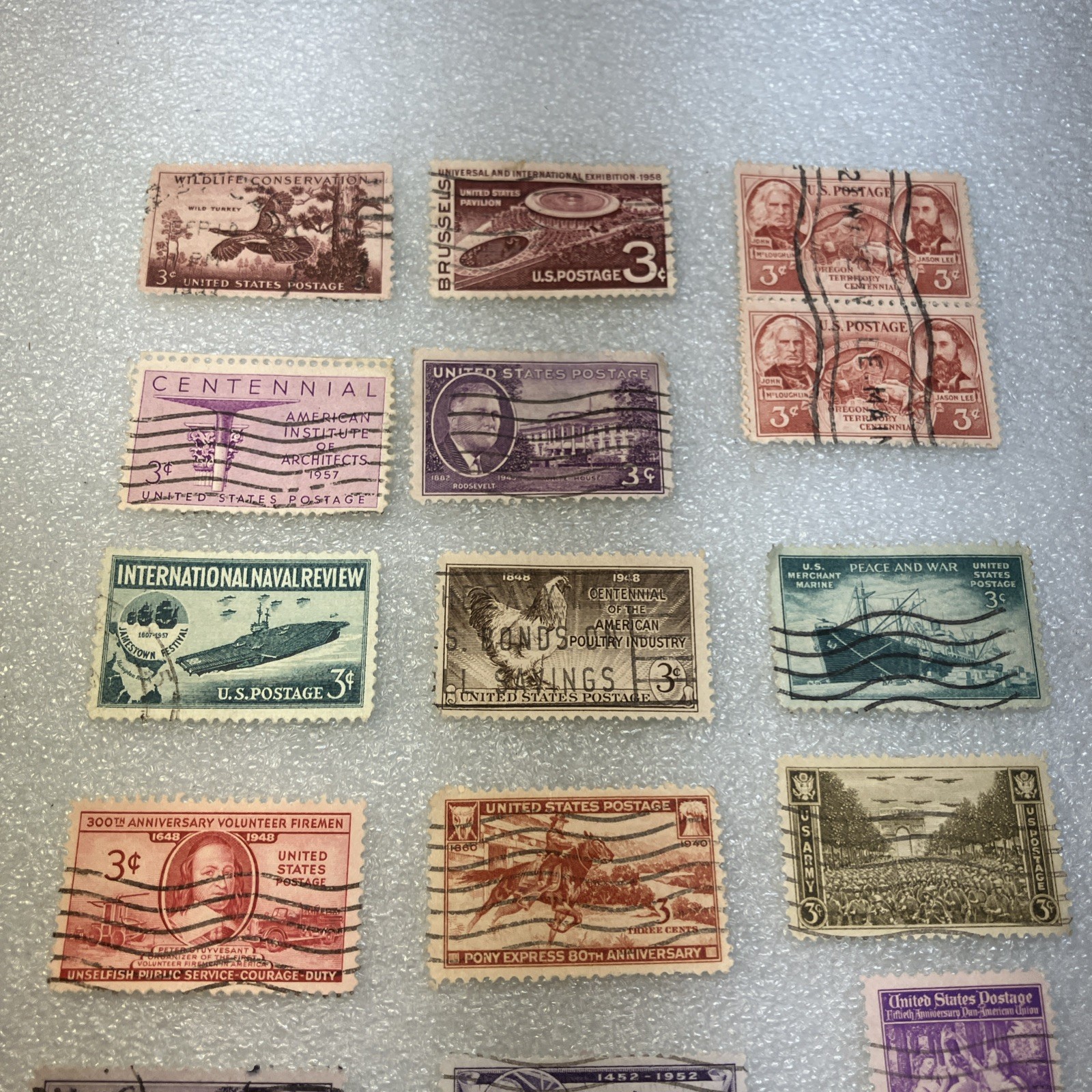 15 USED/Cancelled Commemorative 3c 1941-1955 US Stamps. Varied Lot. $1 Ships.