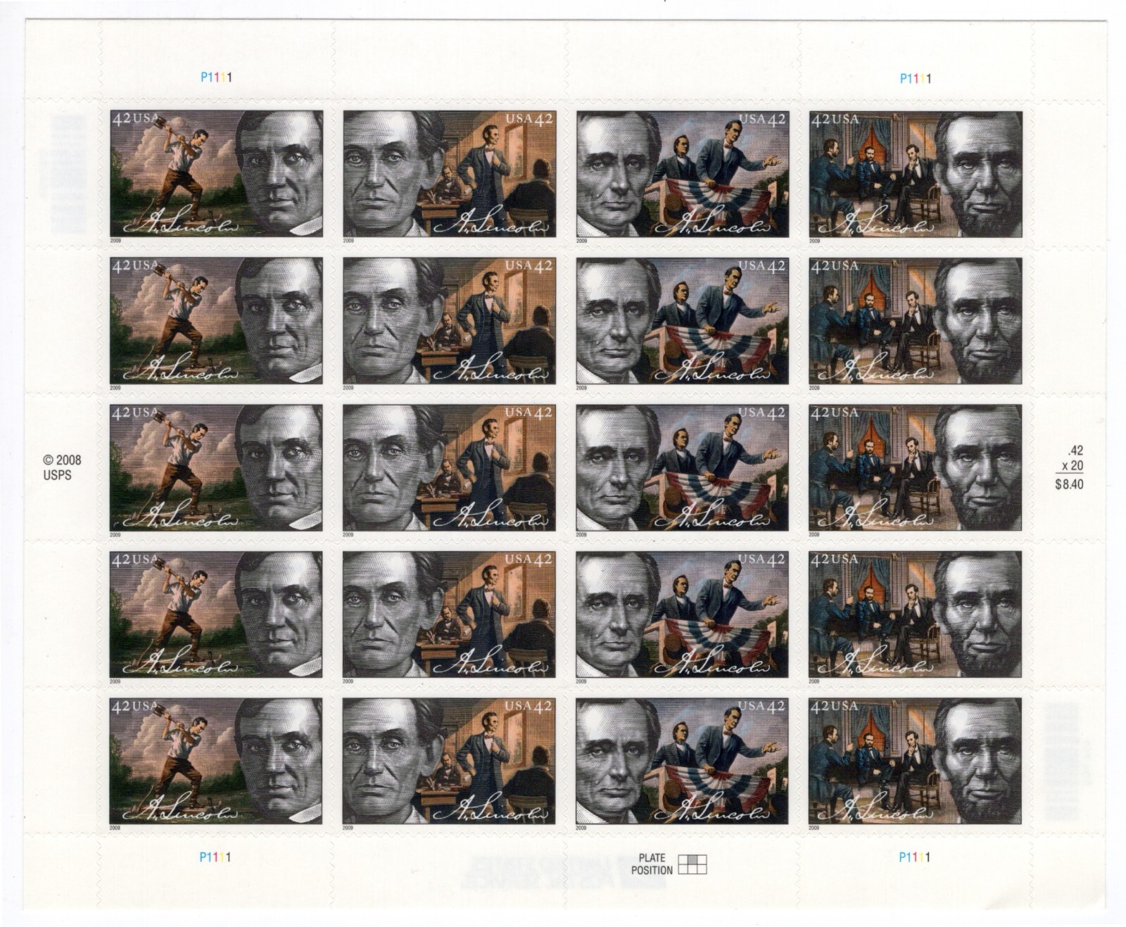 US 2009 SC 4380-4383 42c Abraham Lincoln – Sheet of 20 – MNH Fresh
