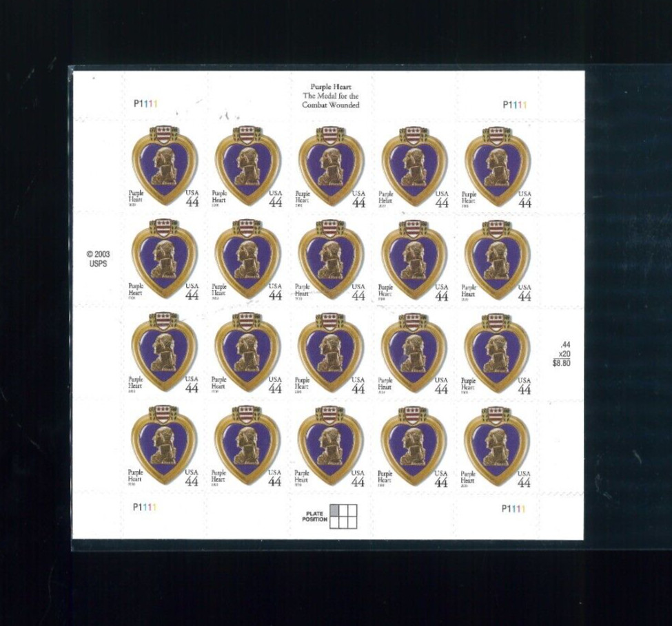 United States 44¢ Purple Heart Postage Stamp #4390 MNH Sheet
