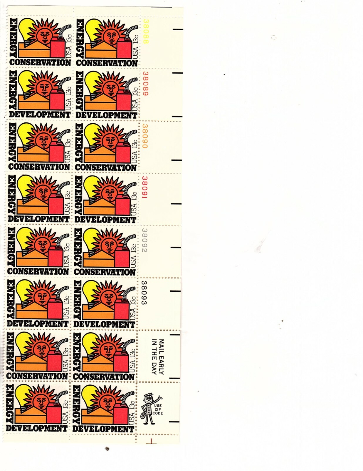 9 US POSTAGE #1723–PL BK of 16–ENERGY CONSERVATION, 13 cents, MNH (orange