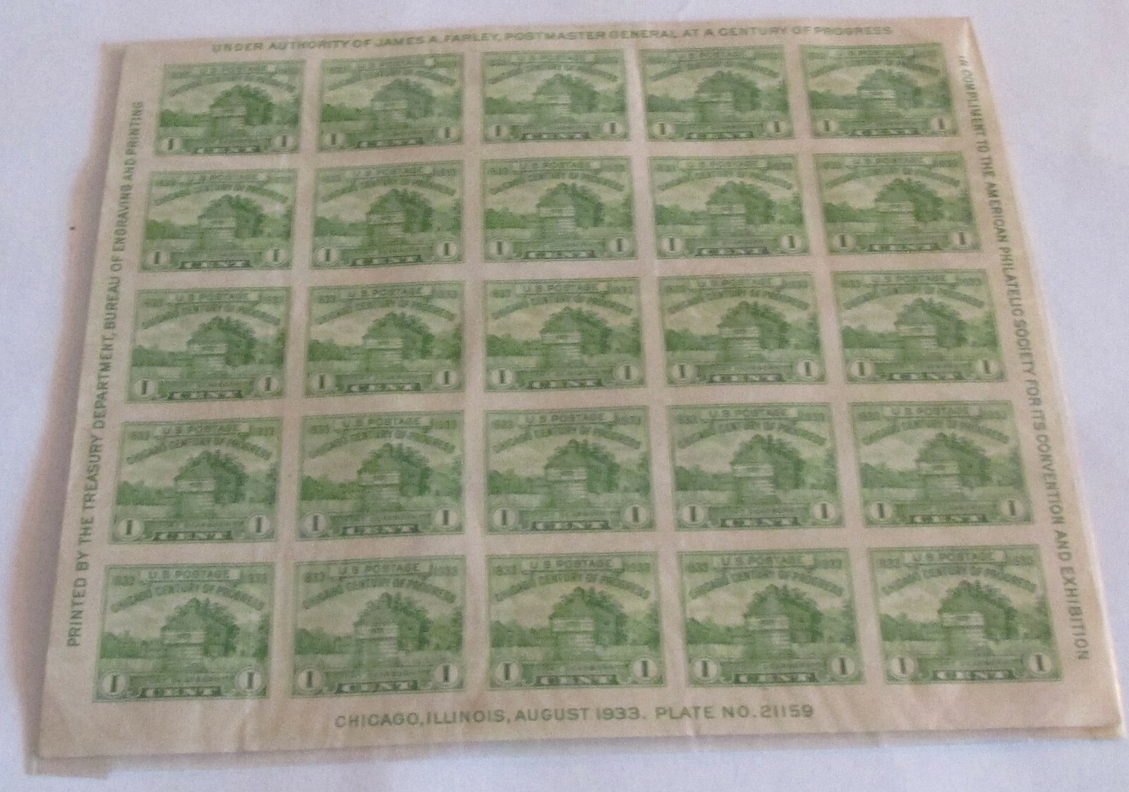 Scott #730 Sheet of 25 Yellow Green 1 C Chicago Century of Progress Plate 21159