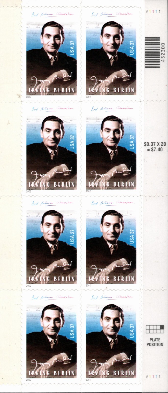 USA 2002 IRVING BERLIN AMERICAN COMPOSER & LYRICIST BLOCK OF 8 SCOTT 3669 MNH