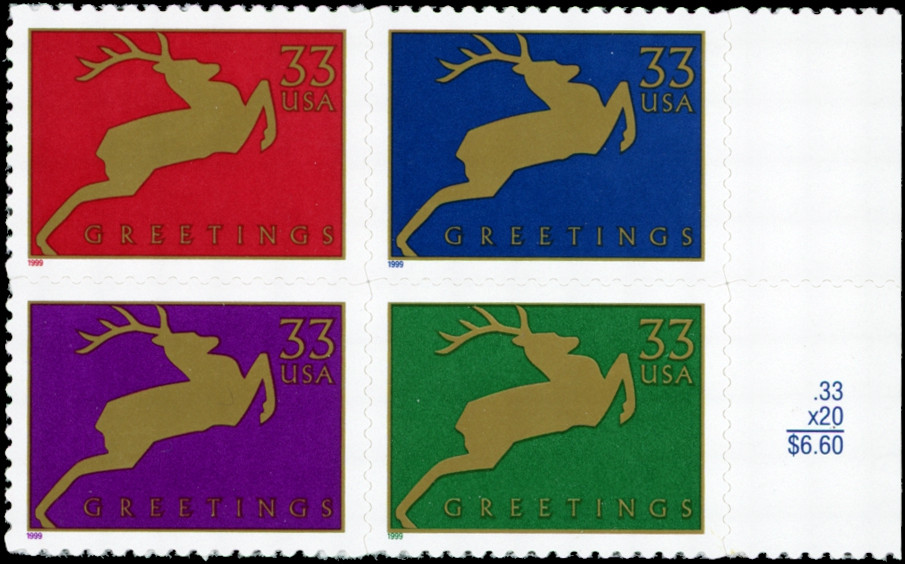US Stamp #3356 – 3359 33c Christmas: Reindeer EzGrade™ XF MNH (Block of Four)