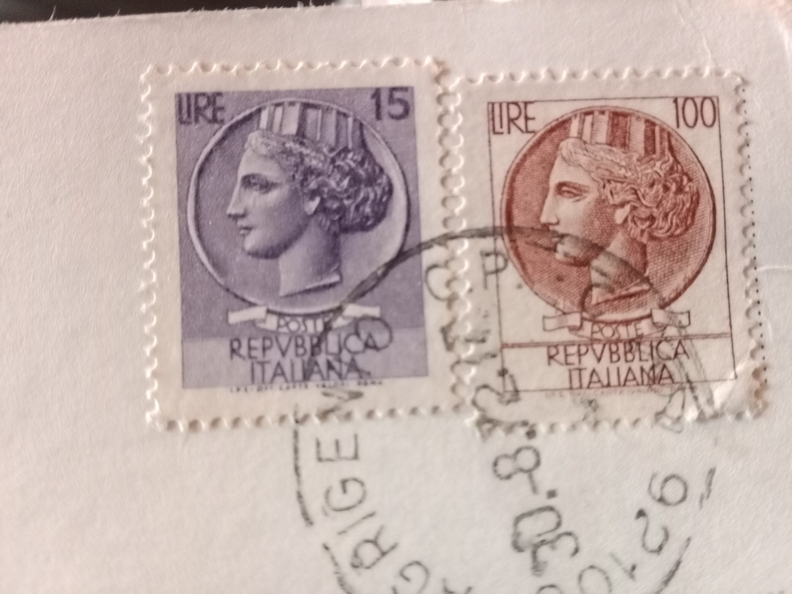 Italian Stamps Lire 100 and 15 on Post Card Watermarks
