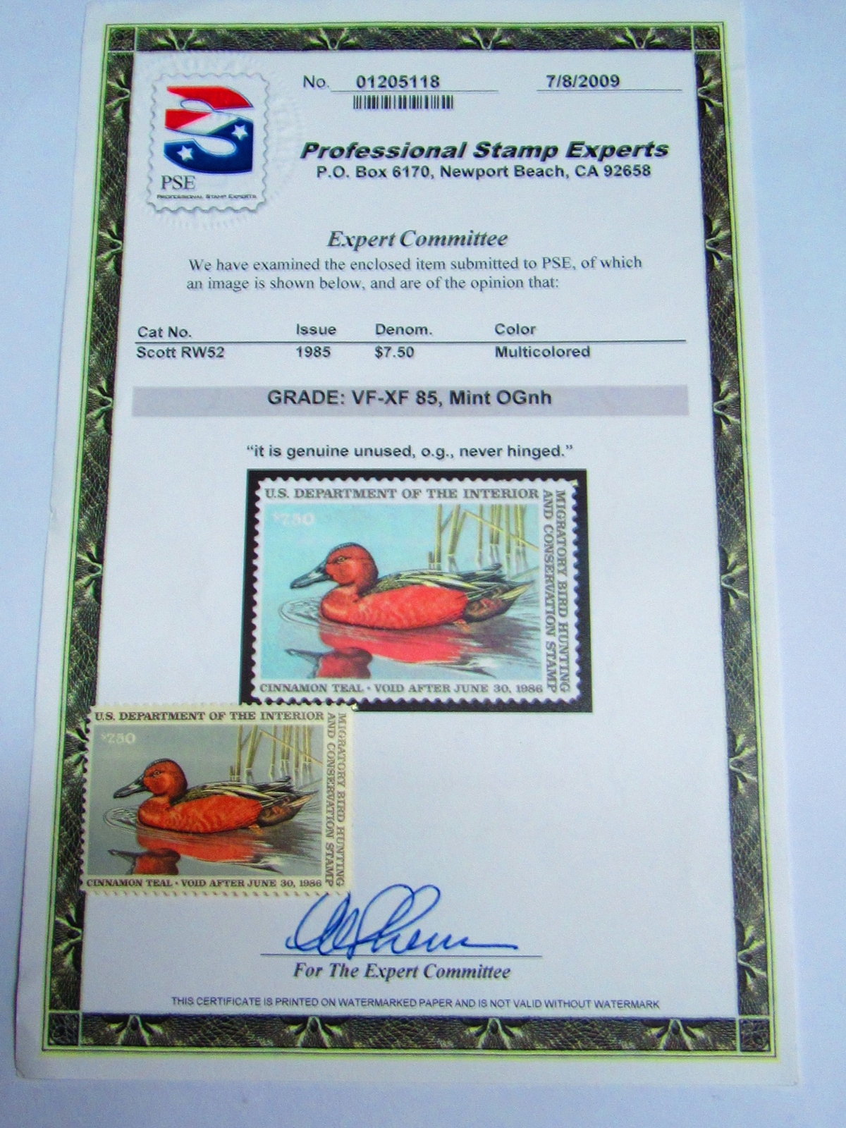 PSE Certified Stamp! 1985 U.S. DEPARTMENT OF INTERIOR $7.50 Stamps STP-114-IB