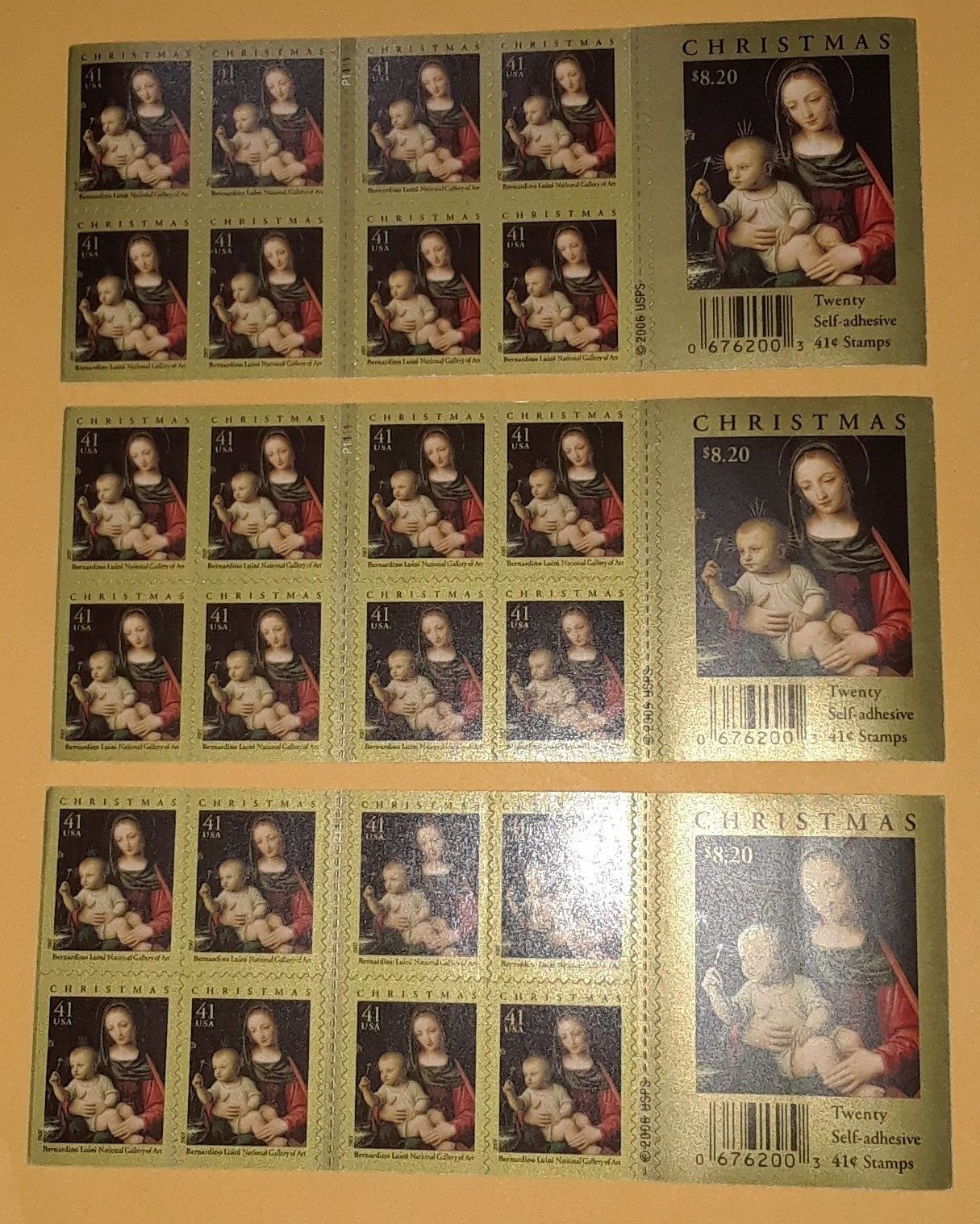 Three x 20 = 60 of MADONNA & CHILD 42¢ US Christmas Stamps by B. Luini # 4206a