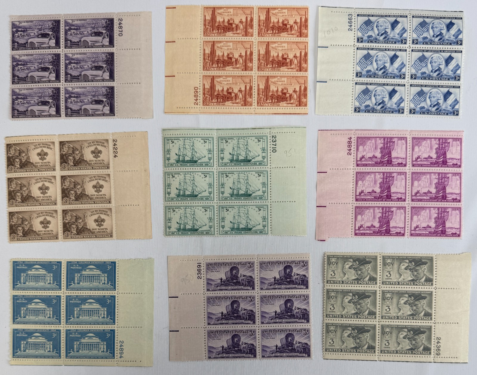 1954 US Commemorative Plate Block Collection MNH Americana History Scouts