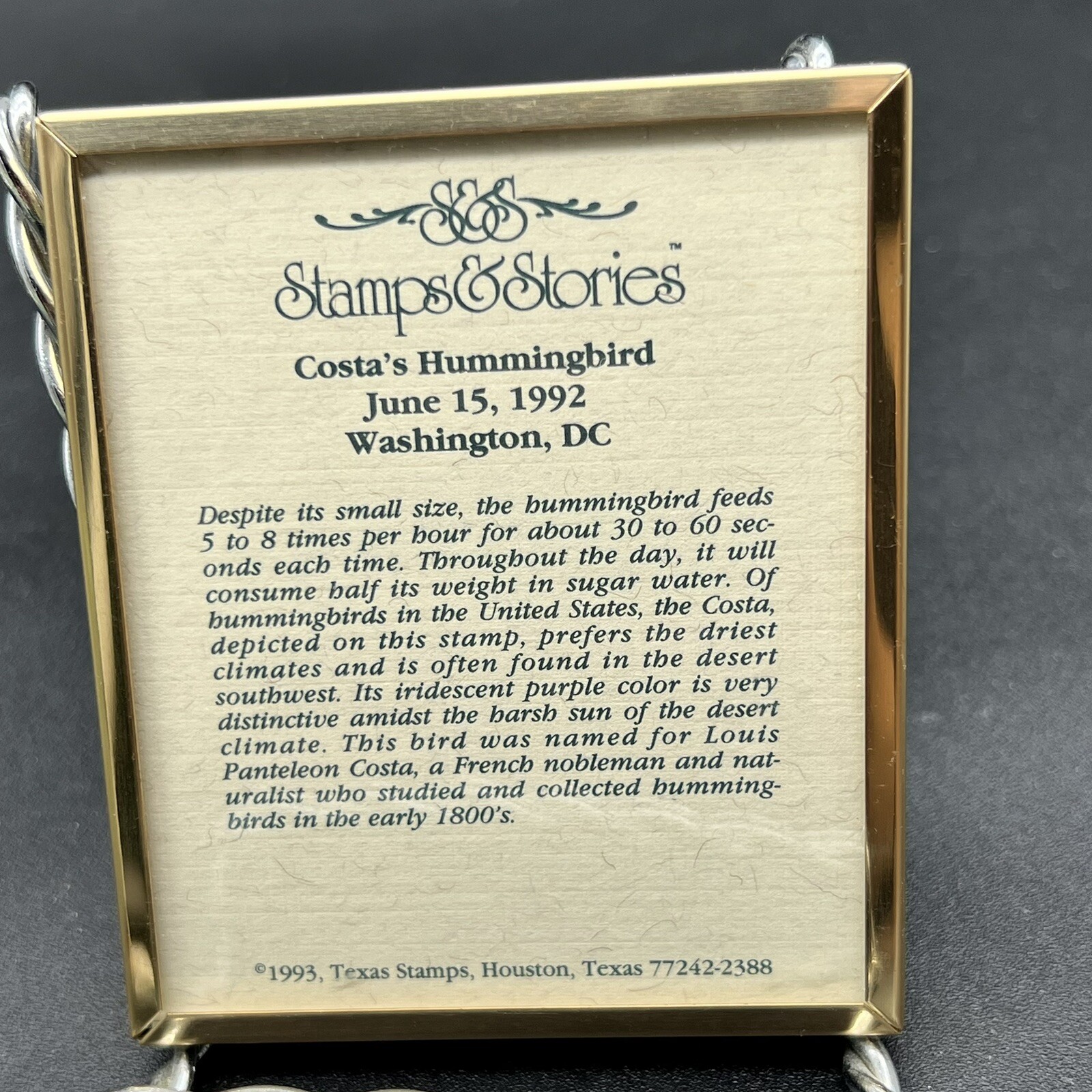 Vintage Framed 1993 Stamps & Stories Commemorative Stamp – Costa’s Hummingbird