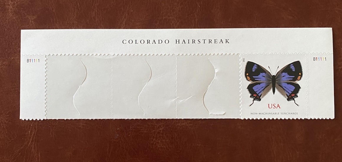 US stamps #5568 Colorado Hairstreak 2021 MNH non-machinable surcharge w/ header