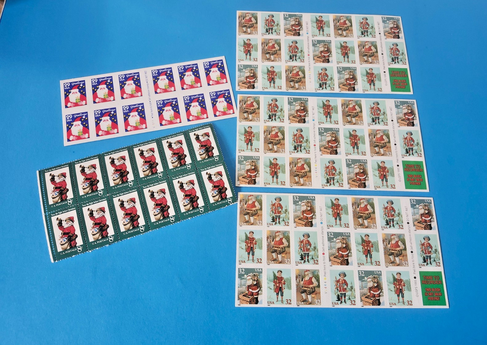 USPS MINT NH VINTAGE CHRISTMAS CARD SANTA FROSTY POSTAGE STAMP SHEETS $23+ F.V.