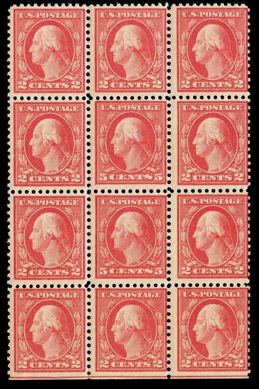 US #505; 5¢ WASHINGTON (ERROR), DOUBLE ERROR IN A BLOCK OF 12, CV $1,200