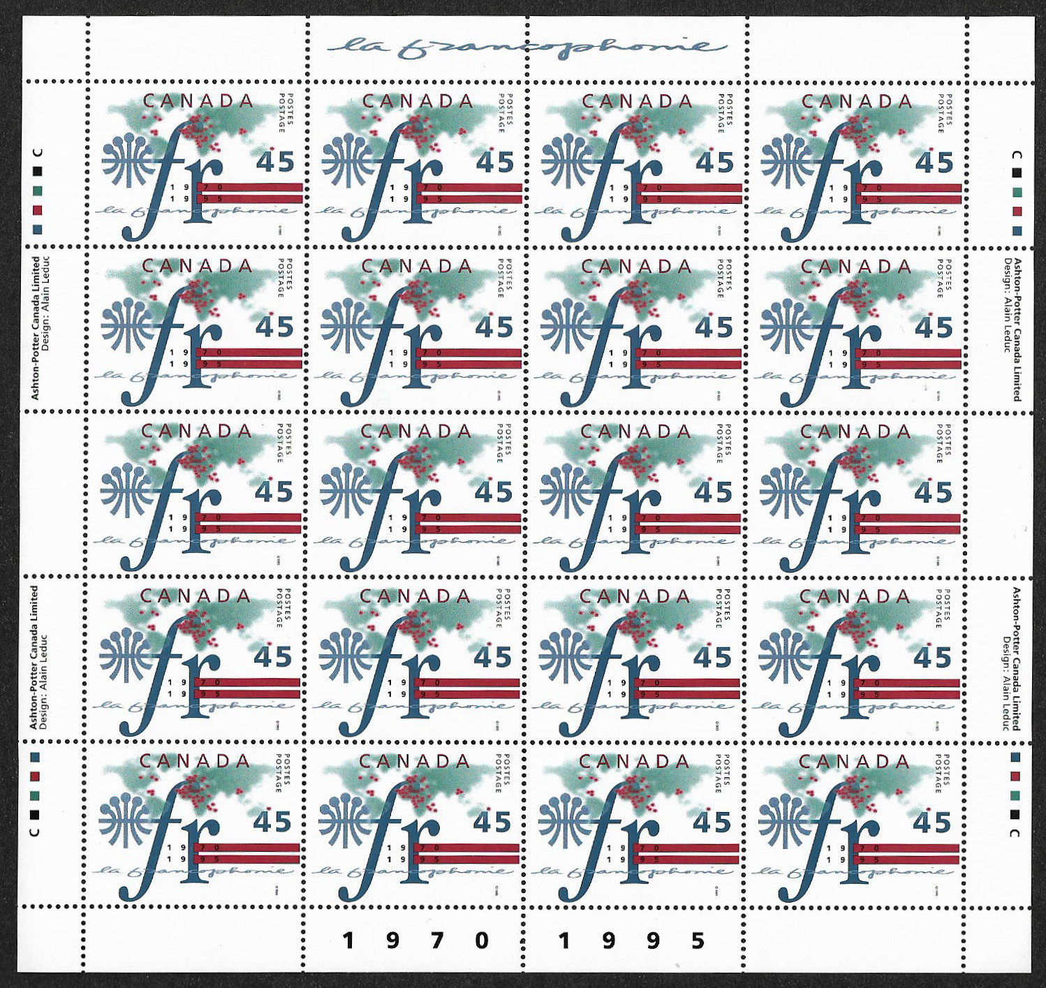 Canada Stamps – Full Pane of 20 – 1995, La Francophonie #1589 – MNH