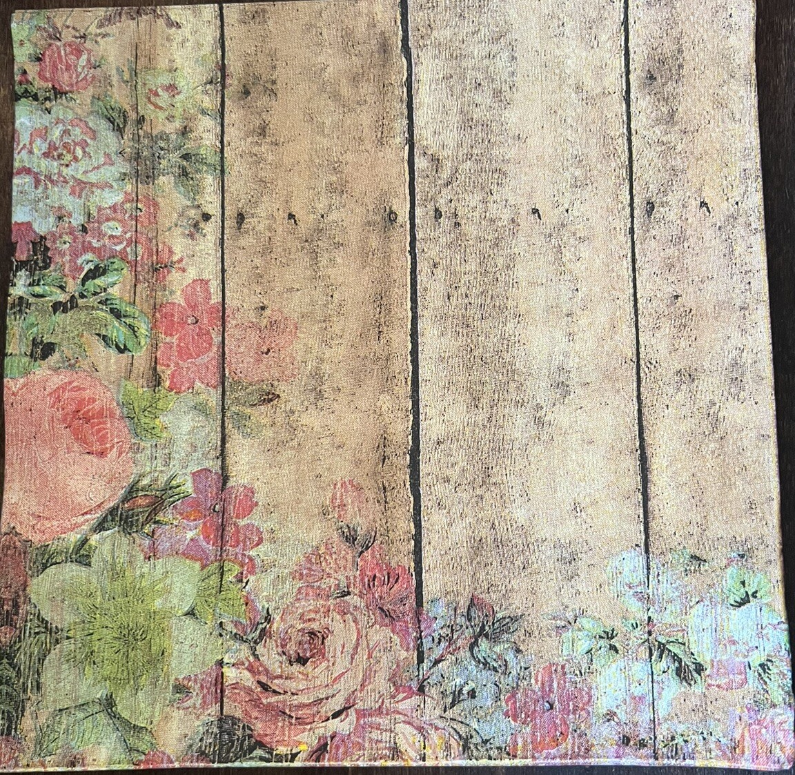 Four Paper Lunch Napkins/Decoupage/Mixed Media- Flowers/Antique/wood plank