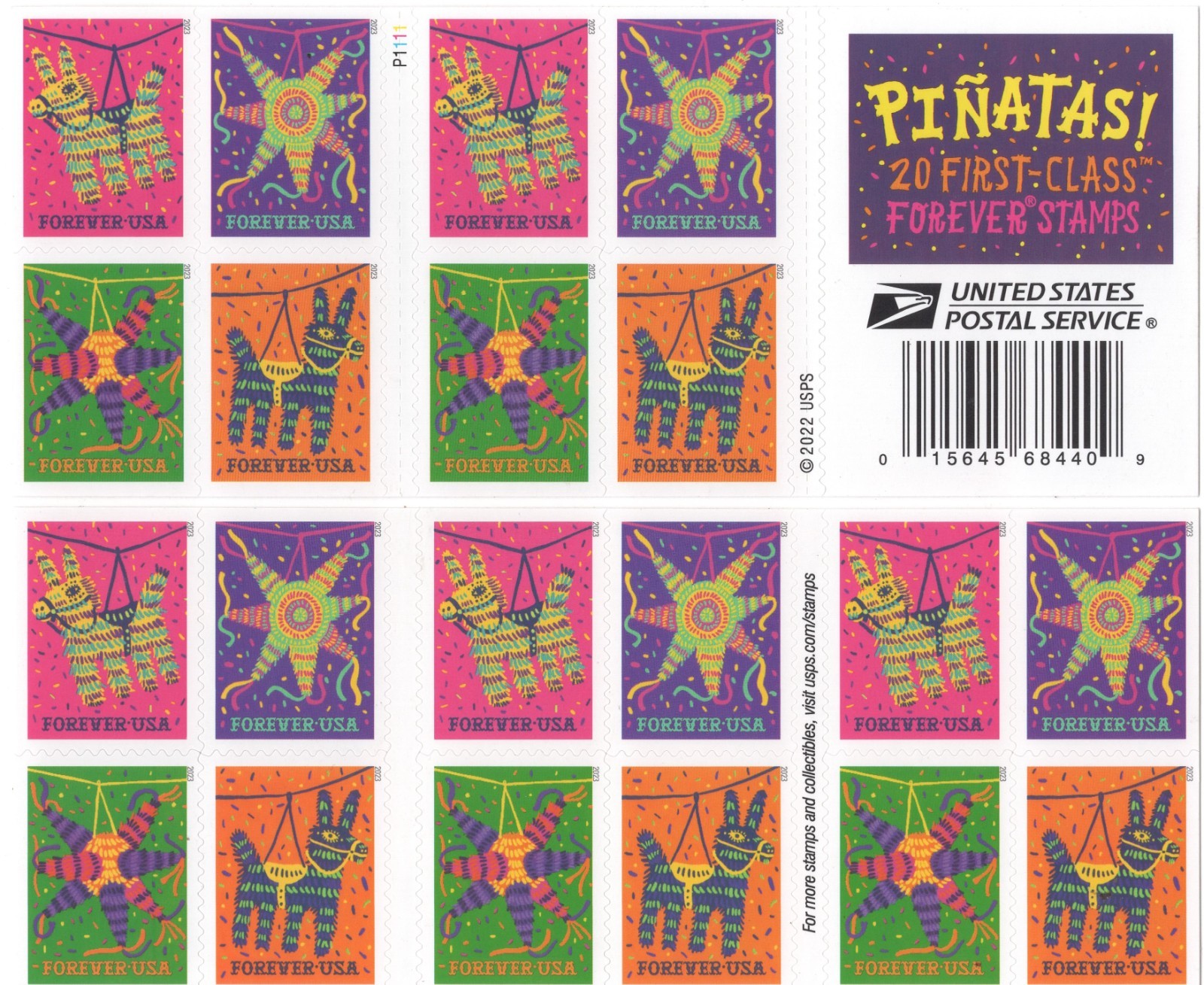 USPS BOOKLET OF 20 Pinatas one ounce rate STAMPS Peel & STICK Sent from OKC, OK