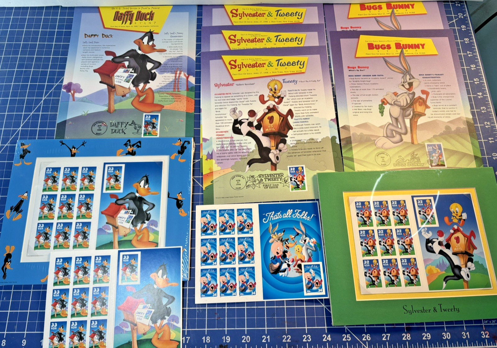 Lot Warner Bros US Postage Stamp 6 First Day 2 Matted 2 Sheets Daffy Bugs Tweety