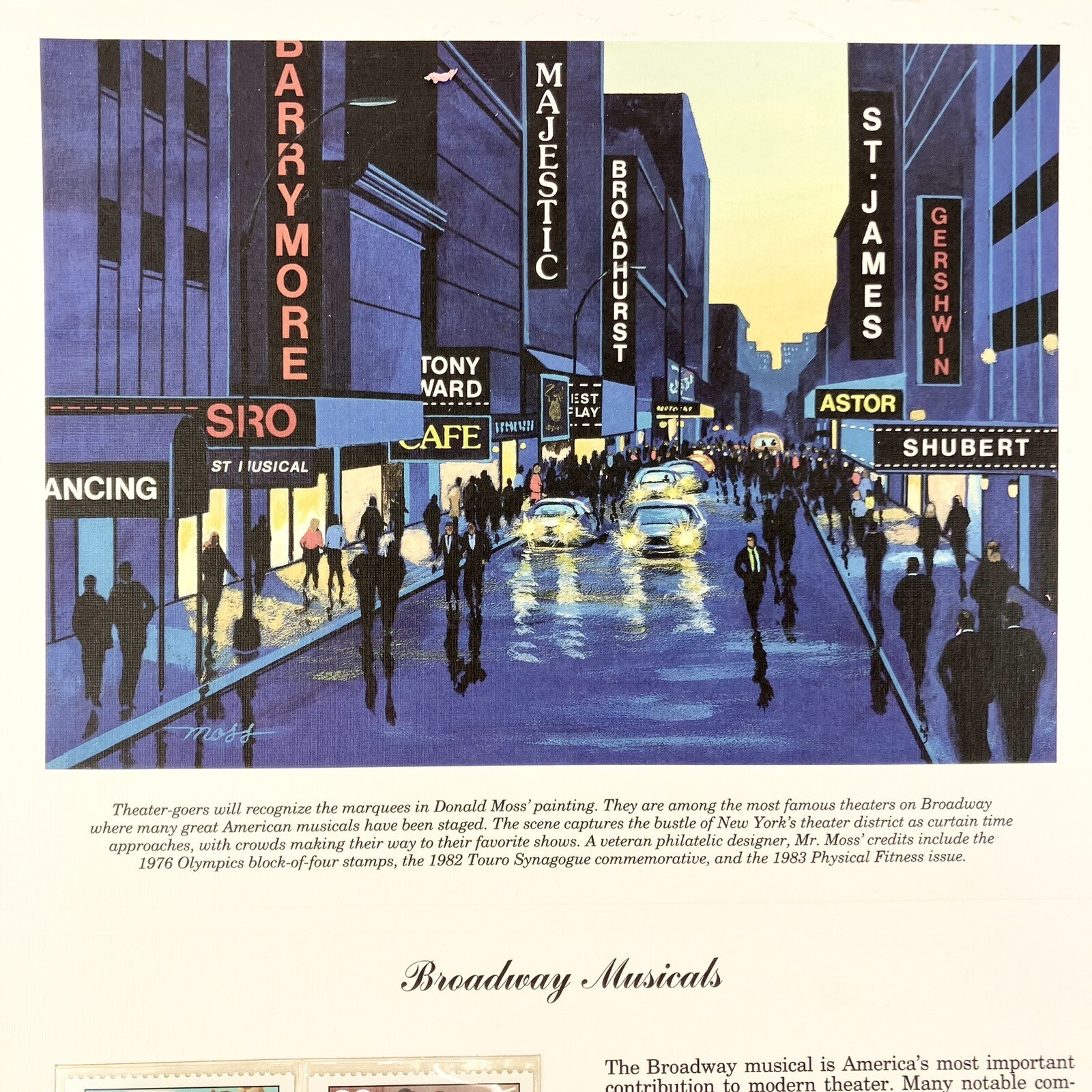 Donald Moss Broadway Musicals Postage Stamp Art USPS Farmable Gift 1993 Damaged