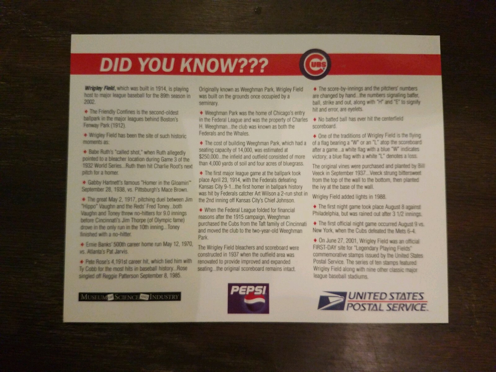 Wrigley Field 34 Cent USPS Stamp – Chicago Cubs/Wrigley Field Giveaway 4/20/02