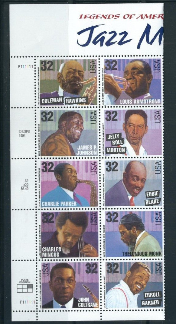 US SC # 2992a Jazz Musicians / American Music Series. BLK 10, Plate #. MNH