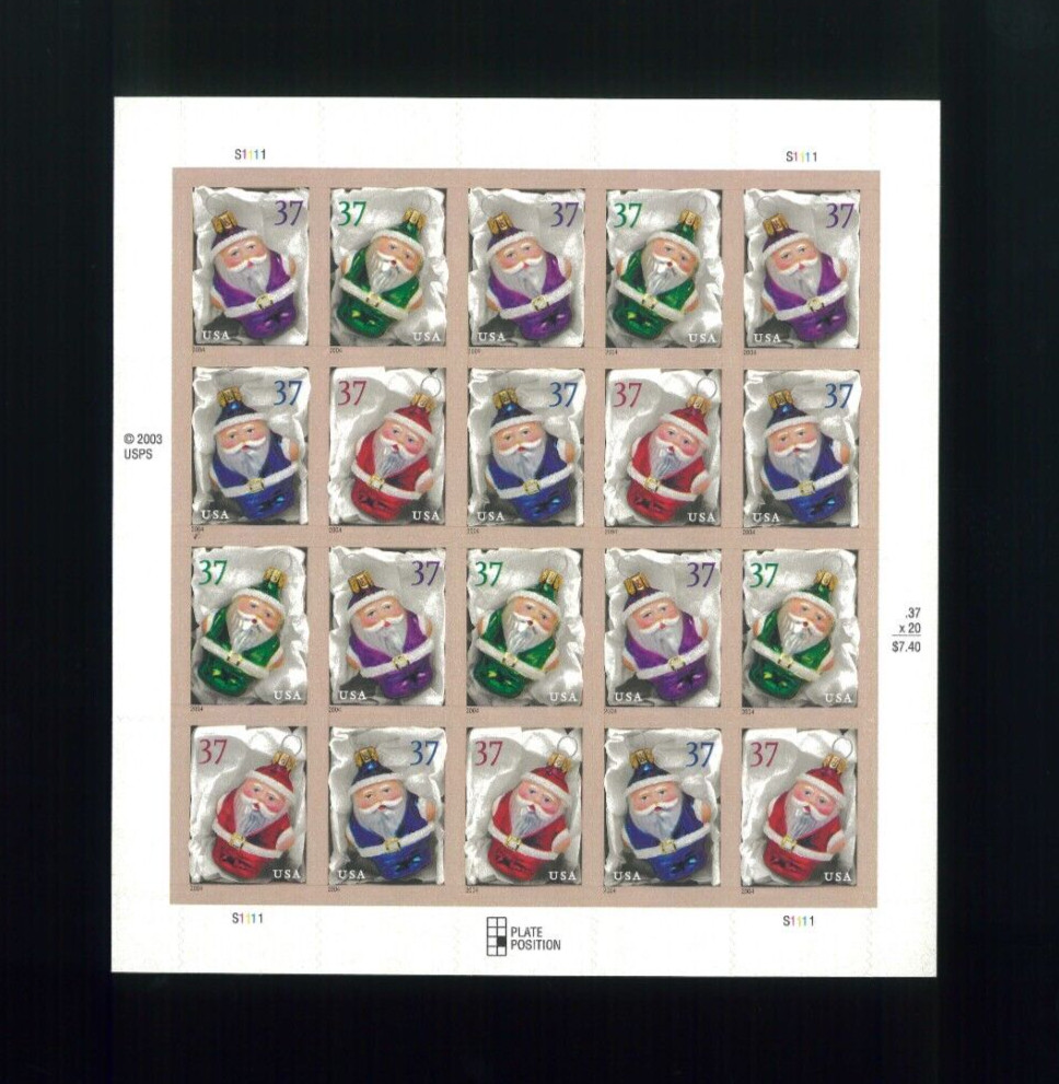 United States 37¢ Christmas Santa Ornaments Postage Stamp #3883 MNH Full Sheet
