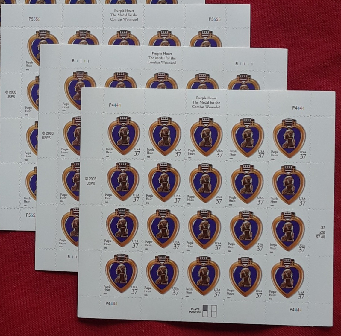 Three Panes / Sheets x 20 = 60 of Purple Hearts 37¢ US Postage Stamps USA #3784