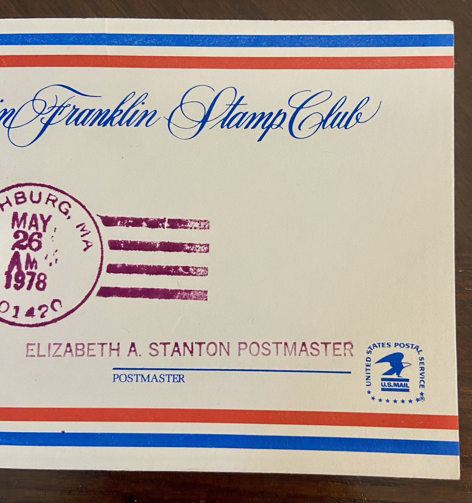 USPS Benjamin Franklin Stamp Club May 26, 1978 Stamp Postmaster Signed
