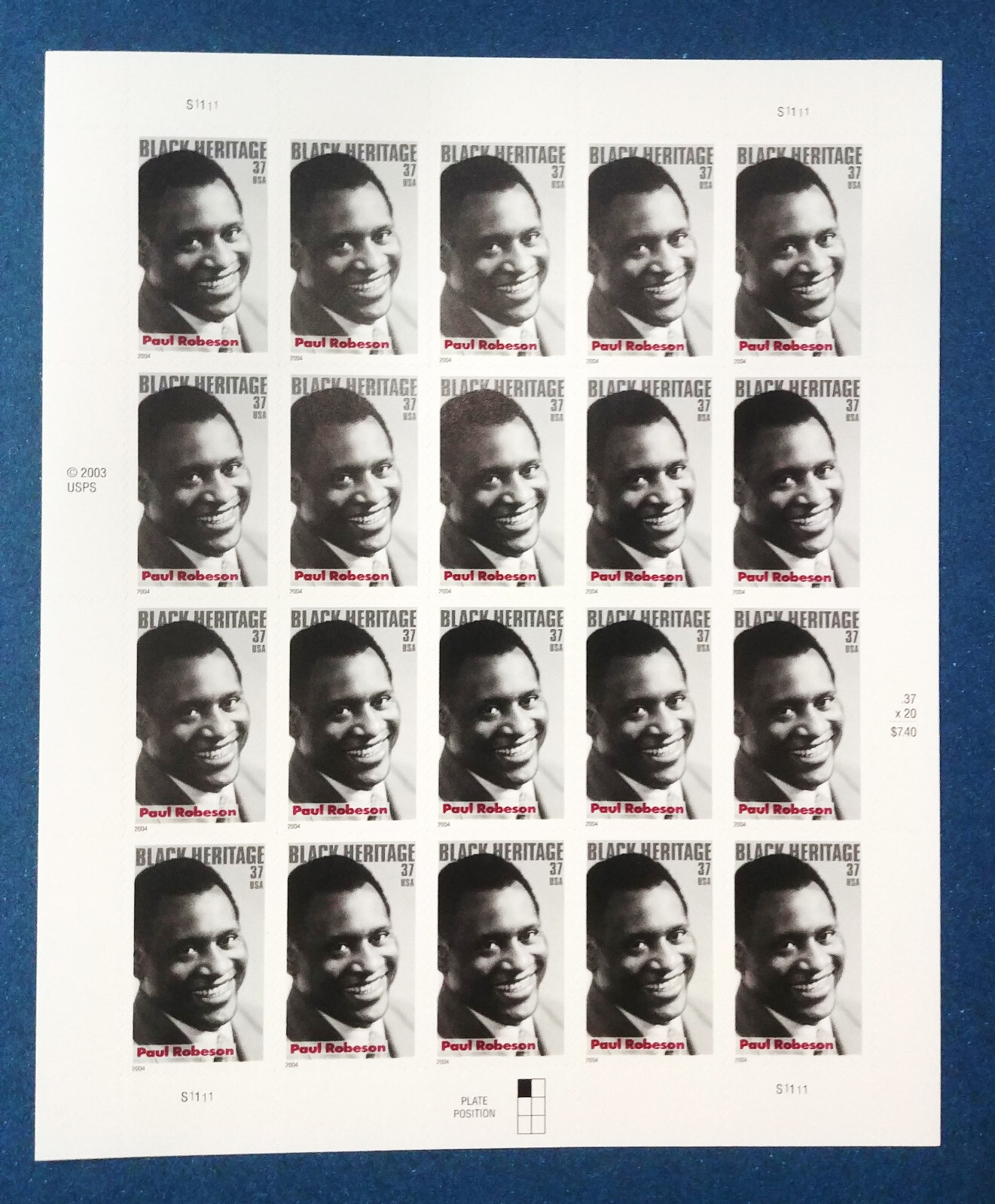 37 cent stamps Paul Robeson sheet pane of 20 Scott #3834