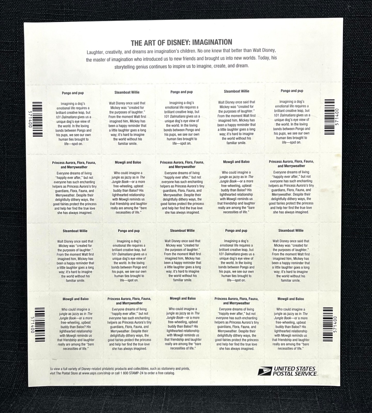 The Art of Disney USPS Stamps Full Set of 5 Dif MINT Sheets Retail Value $120+