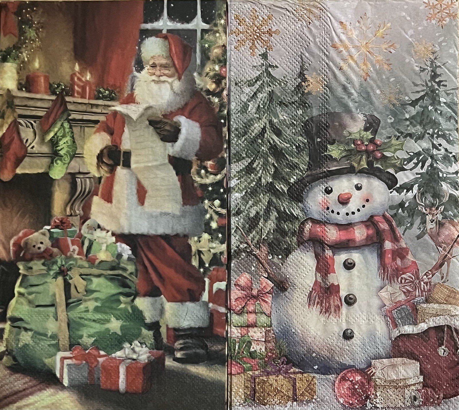 TWO Individual paper dinner Decoupage napkins Christmas, Santa, & Snowman/Trees