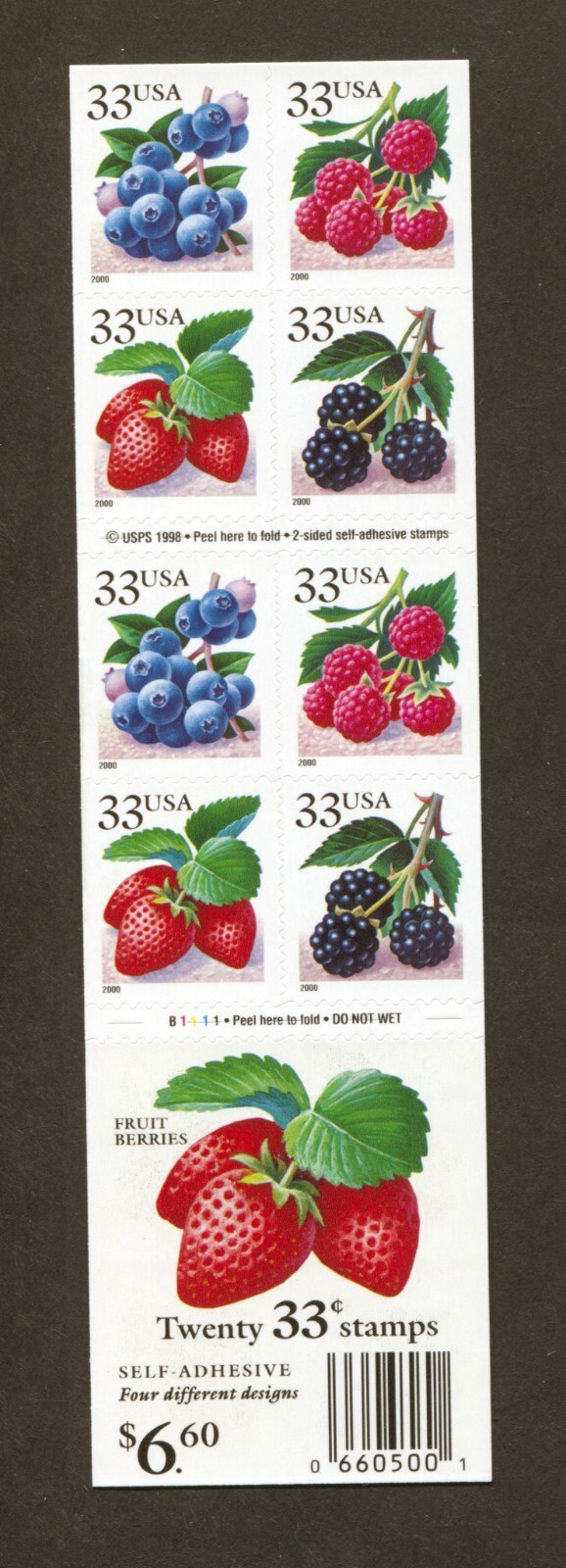 U.S. Scott# 3297d, 1999 Berries Issue, Booklet Pane of 20, 2022 SCV: $25.00