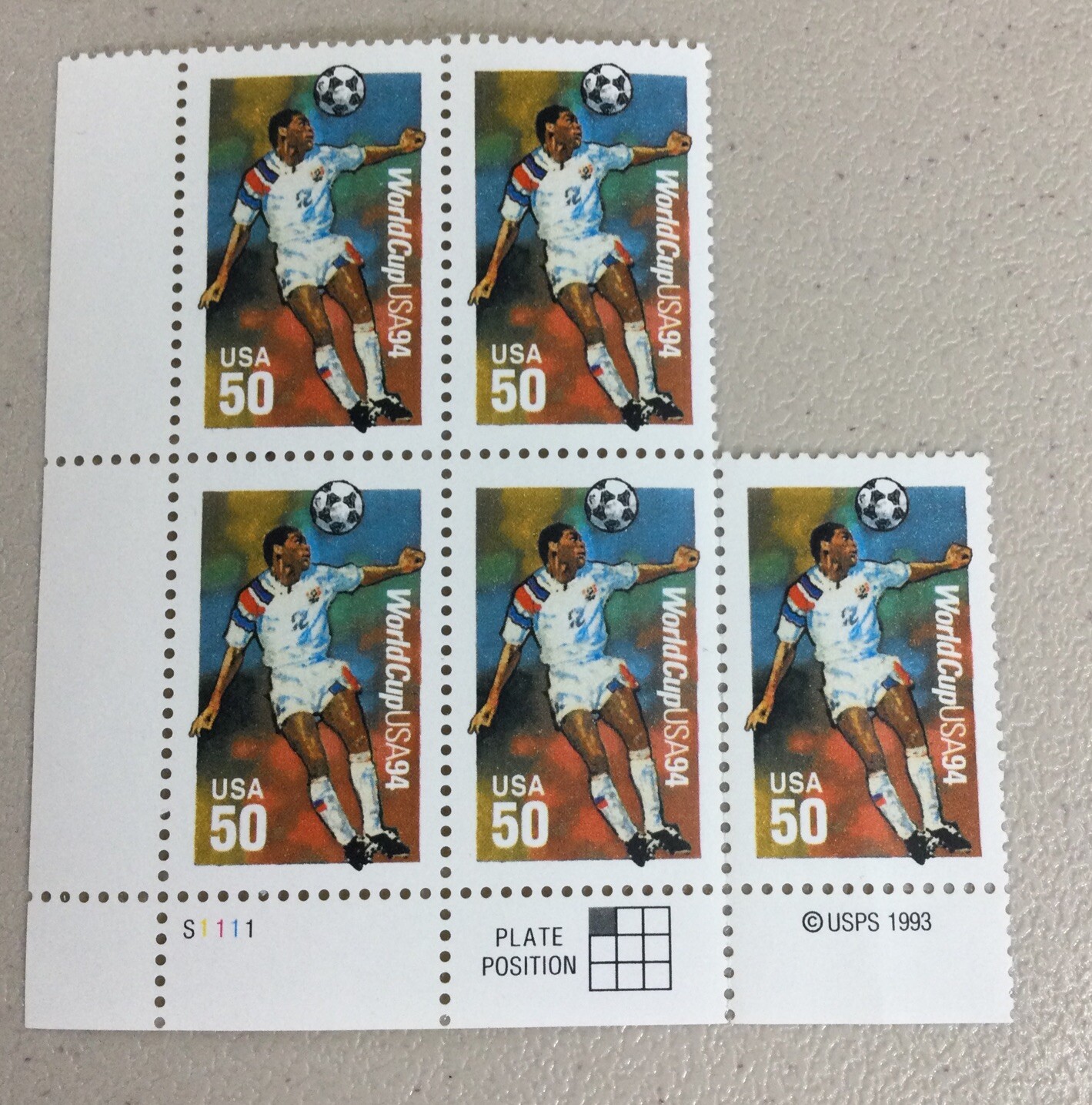 World Cup USA 94 Partial Plate Block SC#2836 (5 Stamps) New, Unused.