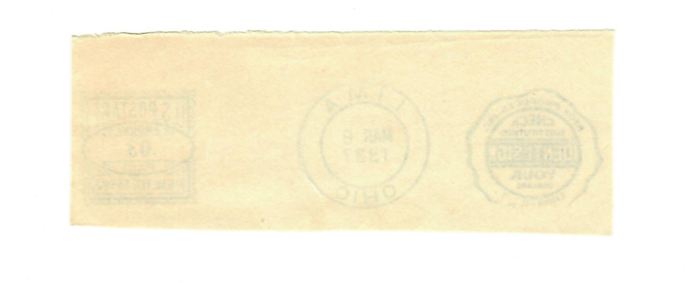 1937 US Postage Meter Stamp Lima Ohio Advertising Meter (U018) – Free Ship!
