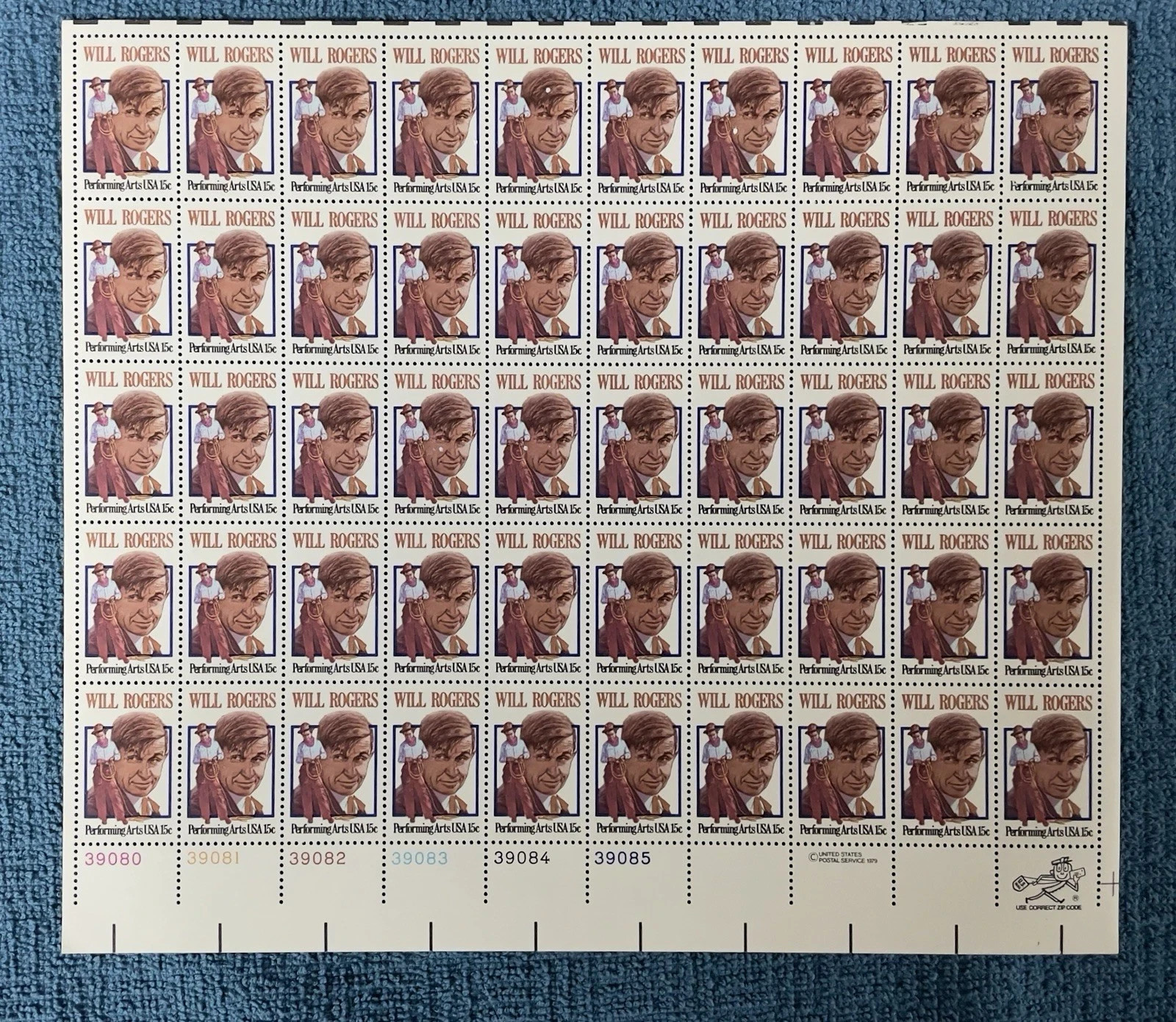 Bk2 US SCOTT 1801 PANE OF 50 WILL ROGERS STAMPS 15 CENT FACE MNH