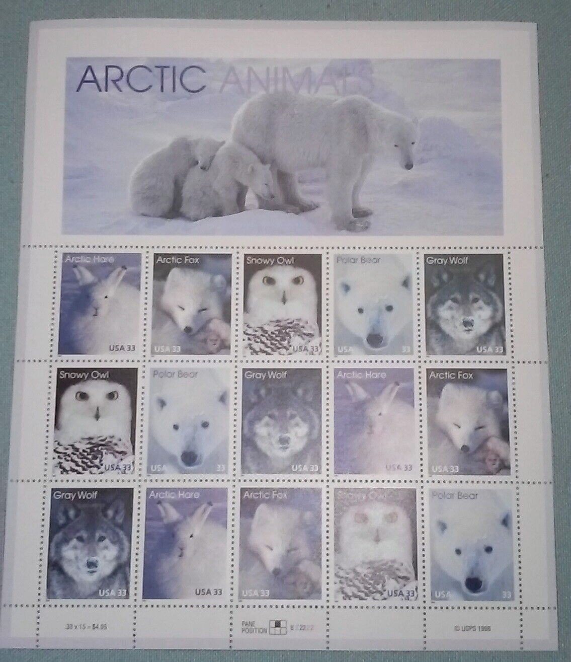 Four Souvenir Sheets x 15 = 60 of ARCTIC ANIMALS 33¢ US Stamps. USA Sc 3288-3292