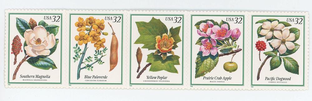 US SCOTT 3193 – 3197 STRIP OF 5 FLOWERING TREES 32 CENTS FACE MNH