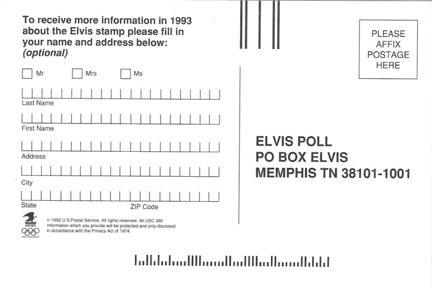 USPS 1992 OFFICIAL BALLOT FOR DESIGN OF US 2721 ELVIS PRESLEY STAMP OF 1993 MINT