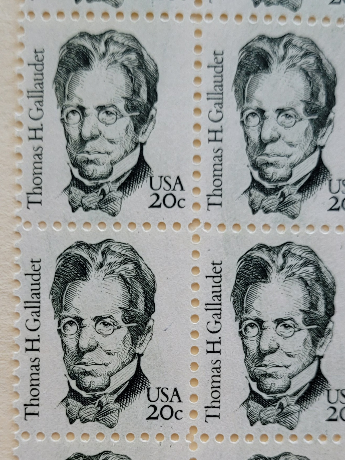 Great Americans Thomas Hopkins Gallaudet US Postage Stamps Block of 20 Sc #1861