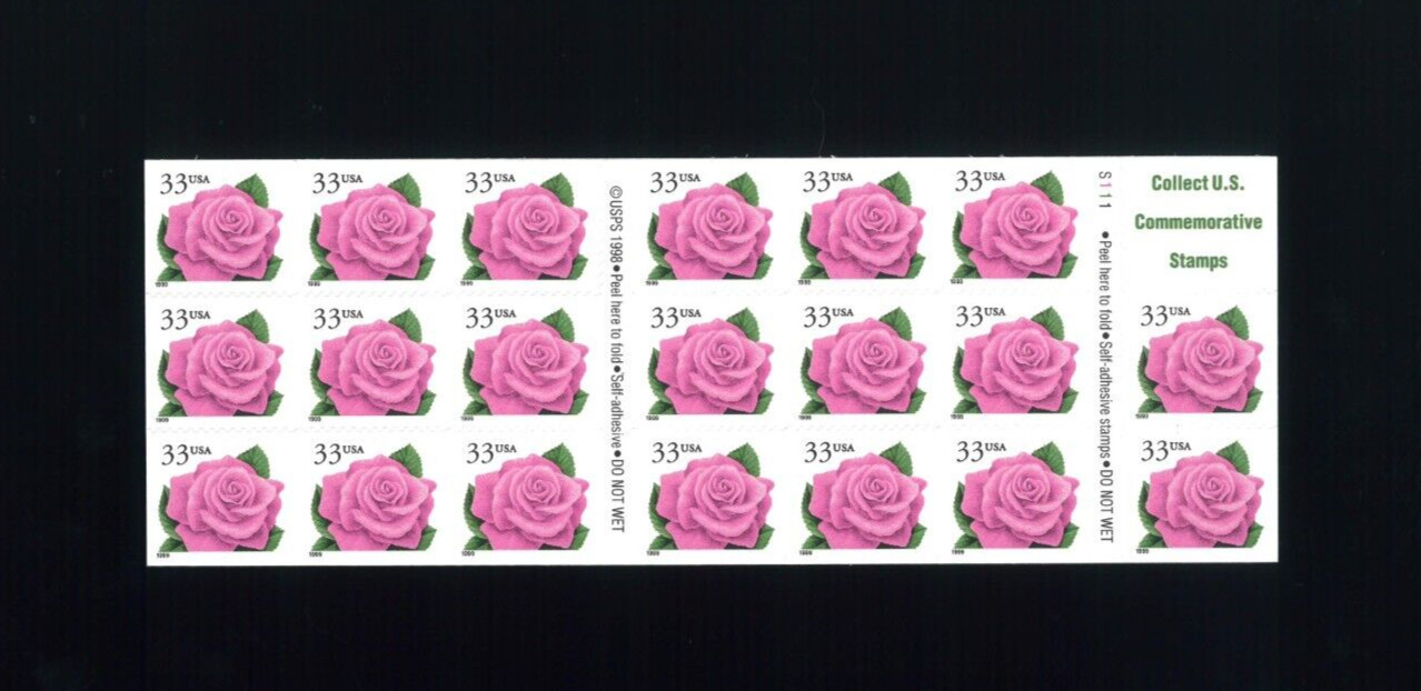 United States 33¢ Coral Pink Rose Postage Stamp #3052 Booklet Pane