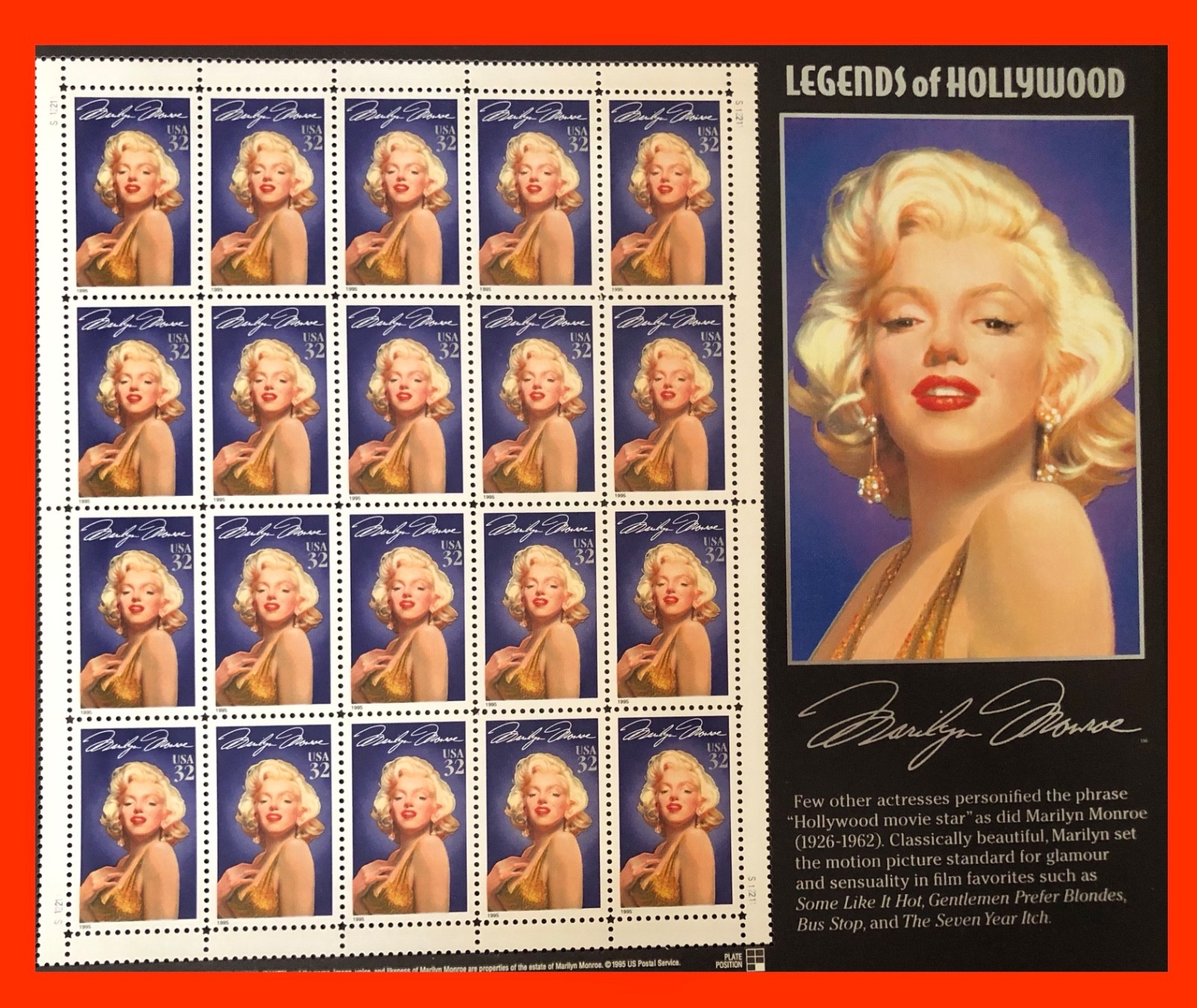 Marilyn Monroe 32¢ Stamp Sheet – 1995 Legends of Hollywood – Mint MNH Full Pane