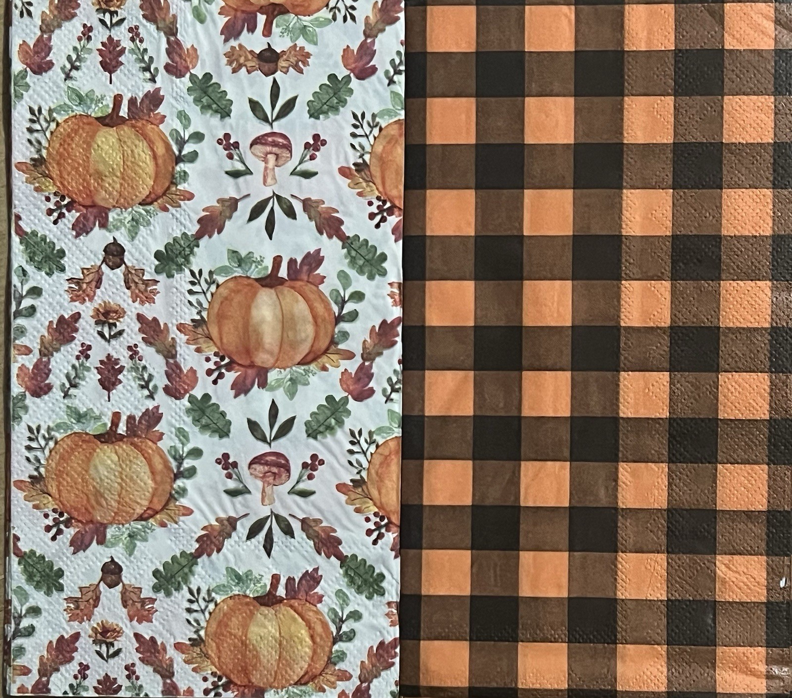 TWO Individual Dinner Decoupage Napkins/autumn/Halloween/Pumpkins & Orange Plaid