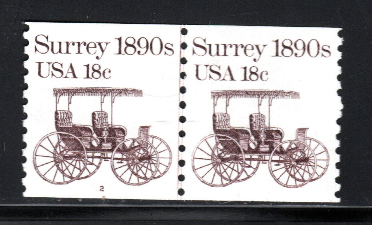 U.S. Stamps – 18¢ Surrey 1890s – Plate Numbered Coil Line Pair – MNH SC# 1907