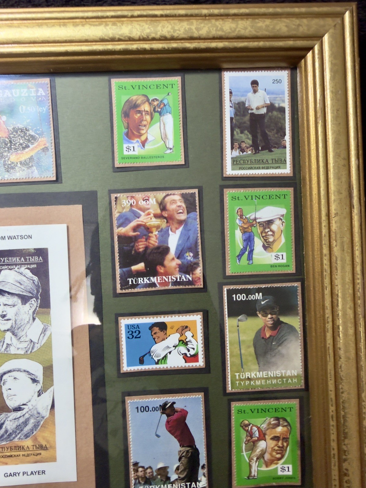 Framed Golf Stamp Collage Arnold Palmer Nicklaus Trevino Watson Woods 21×17