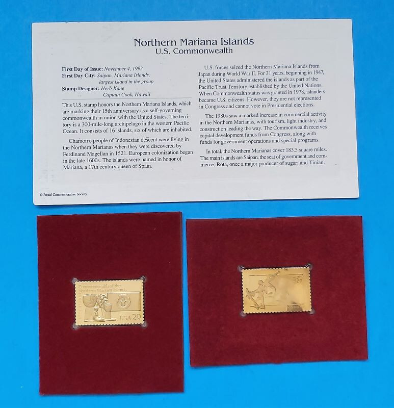 2 US Commonwealth 1st DAY ISSUE 29 & 33 CENT STAMP GOLD Northern Mariana Islands