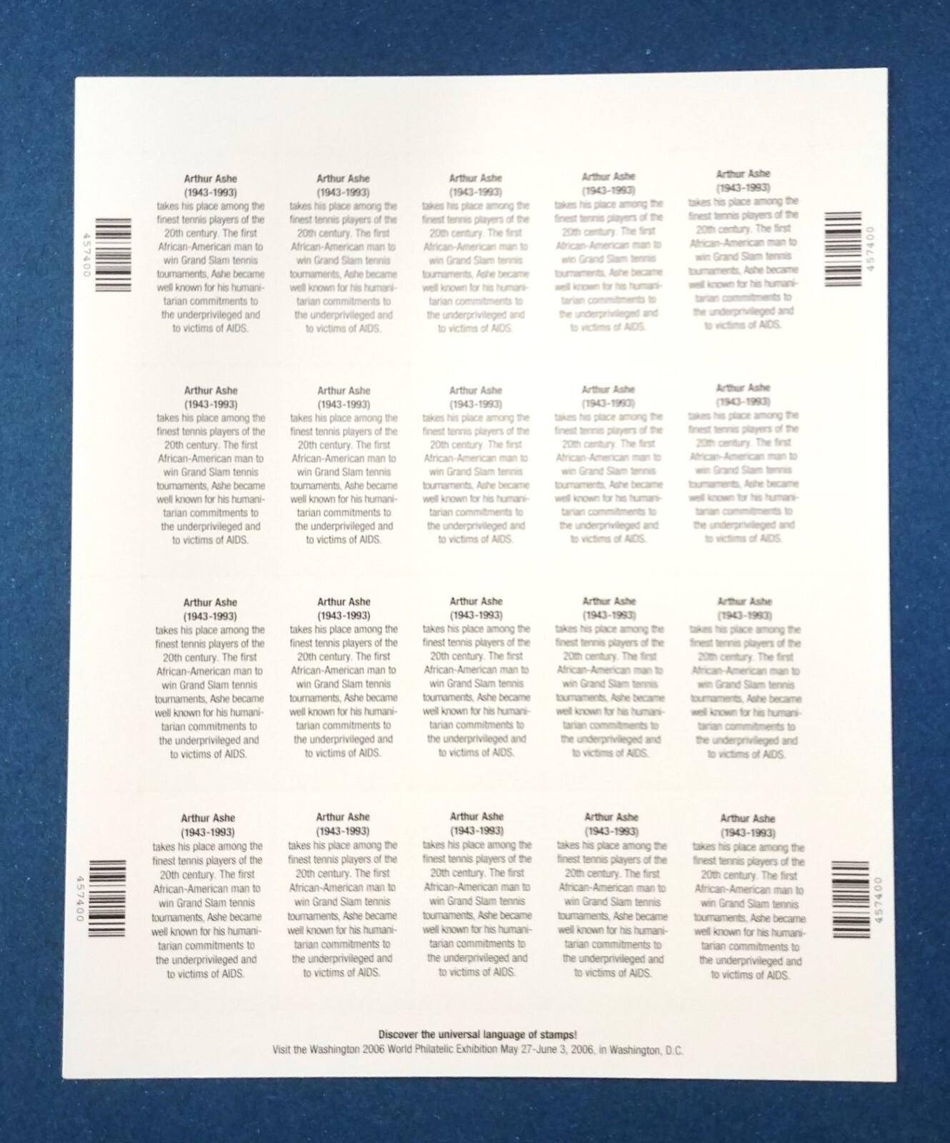 37 cent stamps Arthur Ashe sheet pane of 20