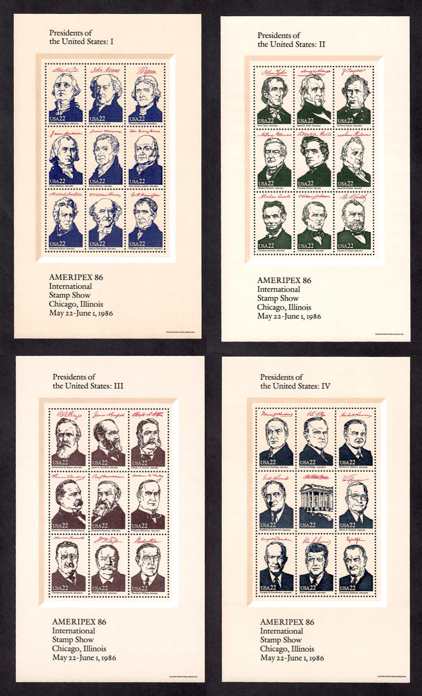 USA Stamps S/S — 1986, Complete Set Presidents of the US Ameripex ’86 #2216-2219