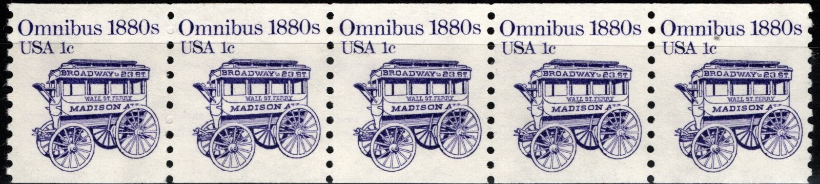 USA 1983 1¢ OMNIBUS 1880s STAGECOAH TRANSPORTATION SERIES STRIP OF 5 STAMPS MNH