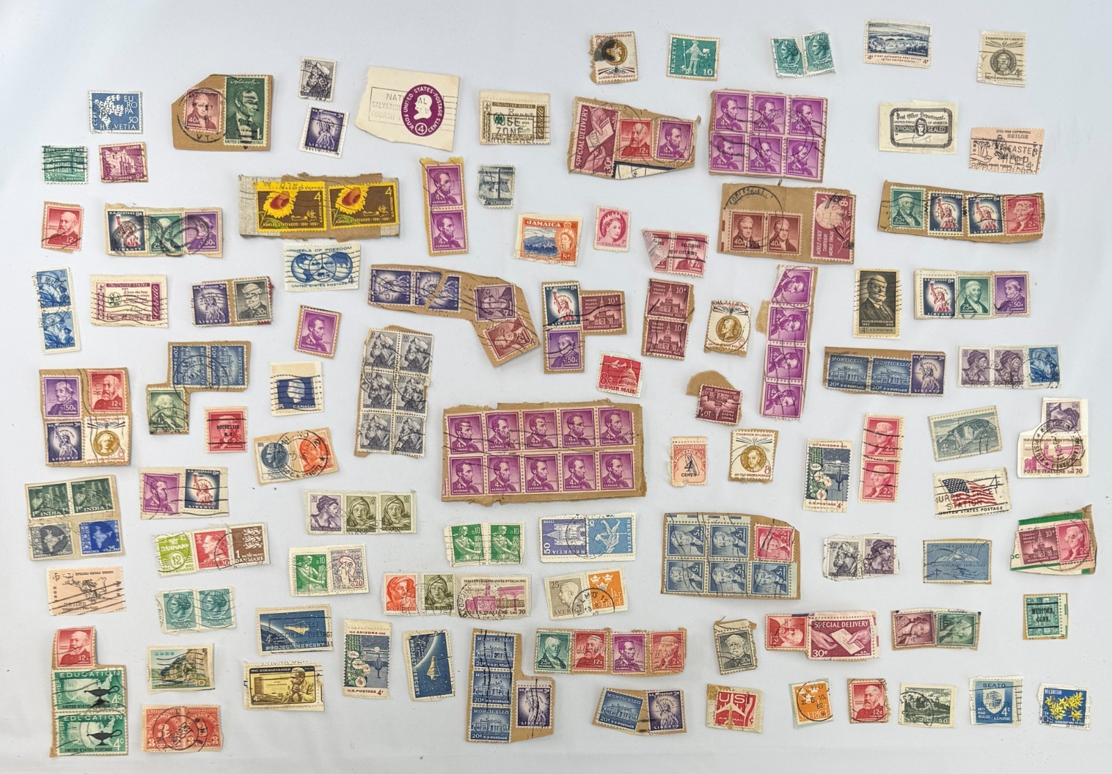 Large Worldwide Vintage Used Postage Stamp Lot on Original Paper USA, Italy